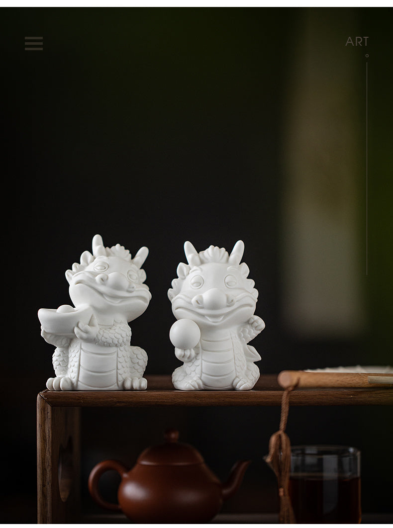 Creative white porcelain cute zodiac dragon tea pet ornaments lucky dragon tea ceremony tea play tea table decoration mascot gift