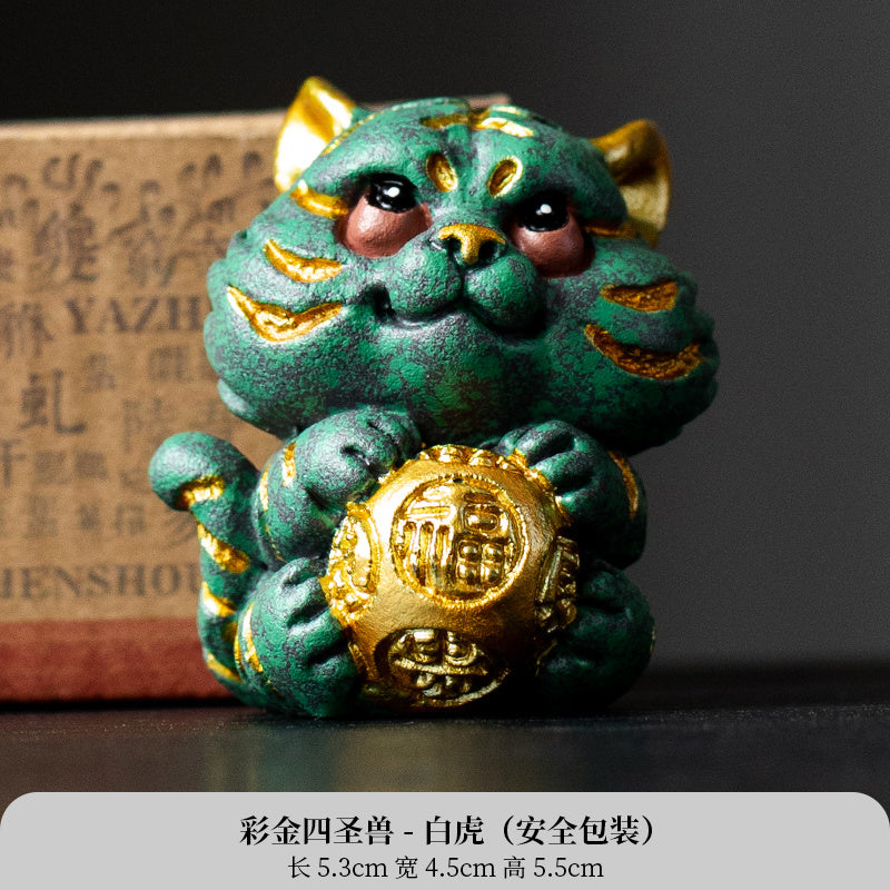 New Chinese style cute healing system fortune-attracting four beasts mascots blue sandstone tea pet ornaments Qinglong desktop decoration