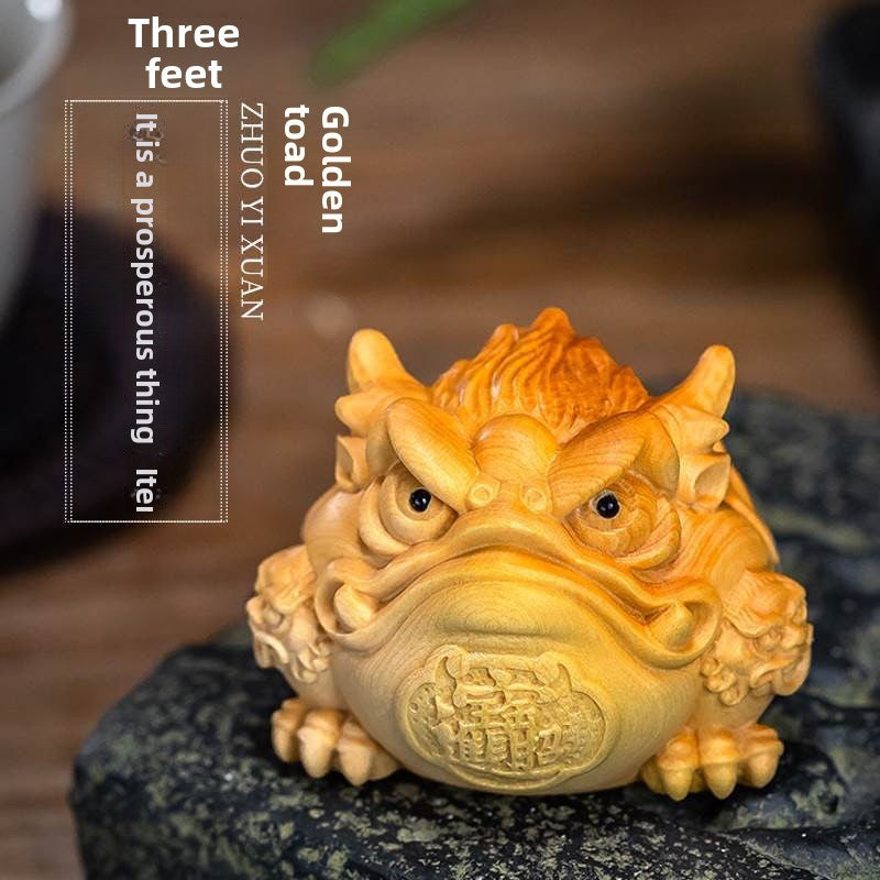 Boxwood Carving Fortune Golden Toad Solid Wood Toad Home Tea Pet Crafts Hand-held Tabletop Ornaments Decorations