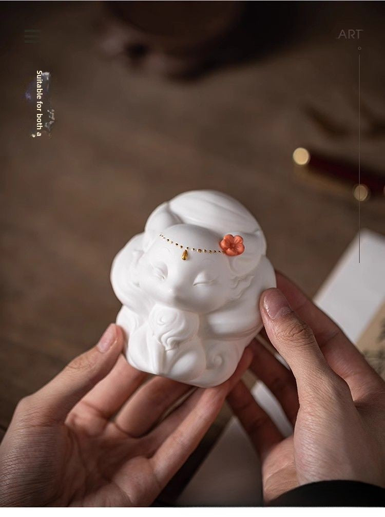 Dehua preferred cute white porcelain nine-tailed fox small ornaments tea ceremony tea table tea play tea pet ornaments desktop can be raised decoration