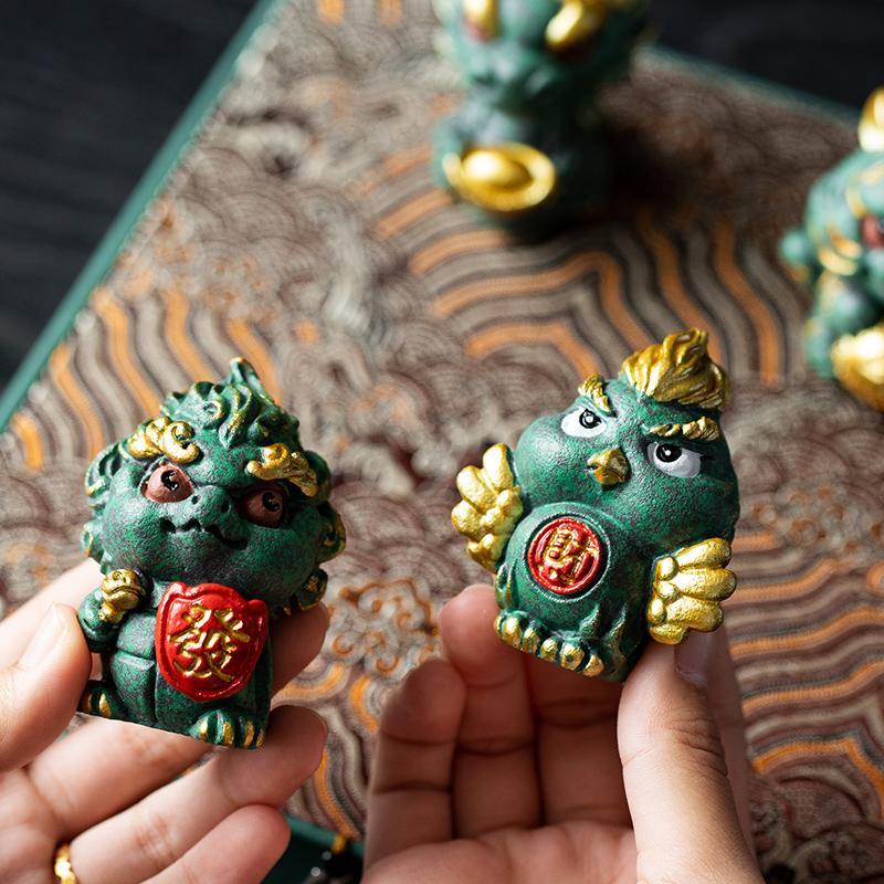 New Chinese style cute healing system fortune-attracting four beasts mascots blue sandstone tea pet ornaments Qinglong desktop decoration