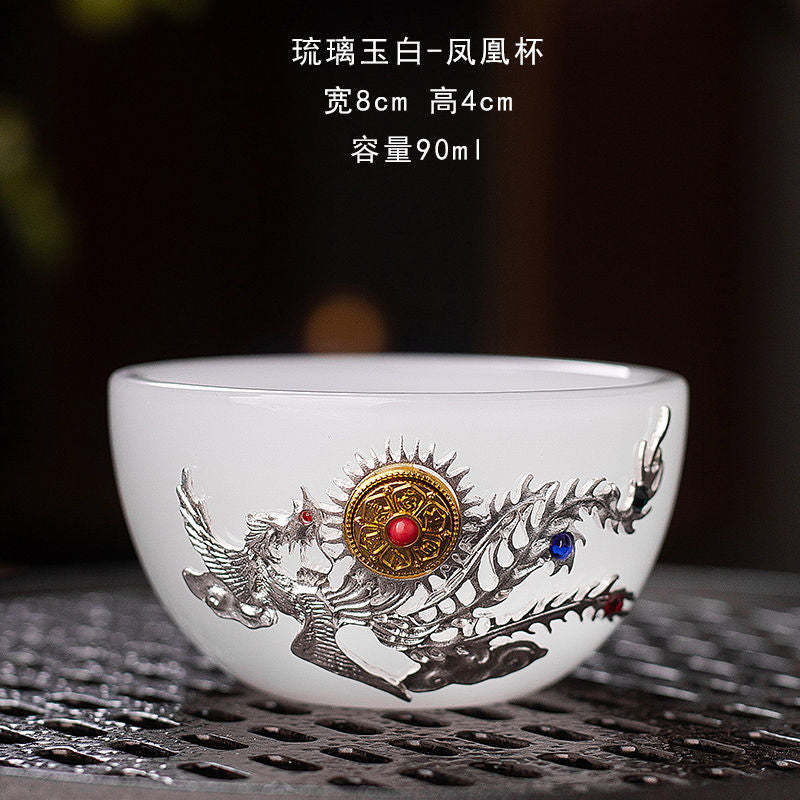 New hand-made silver-inlaid glazed jade white dragon and phoenix host tea cup single creative tea cup jade porcelain tea cup