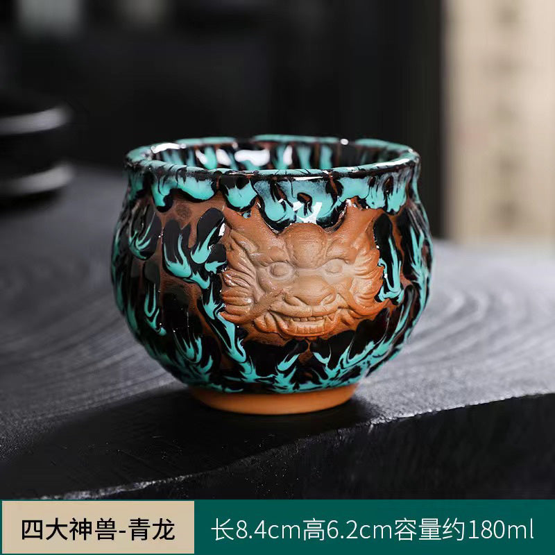 Ceramic Master Kiln Change Kung Fu Tea Set Personal Tea Cup Jianzhan Qinglong Four Tea Cups Mythical Beasts Home Single Cup Tea