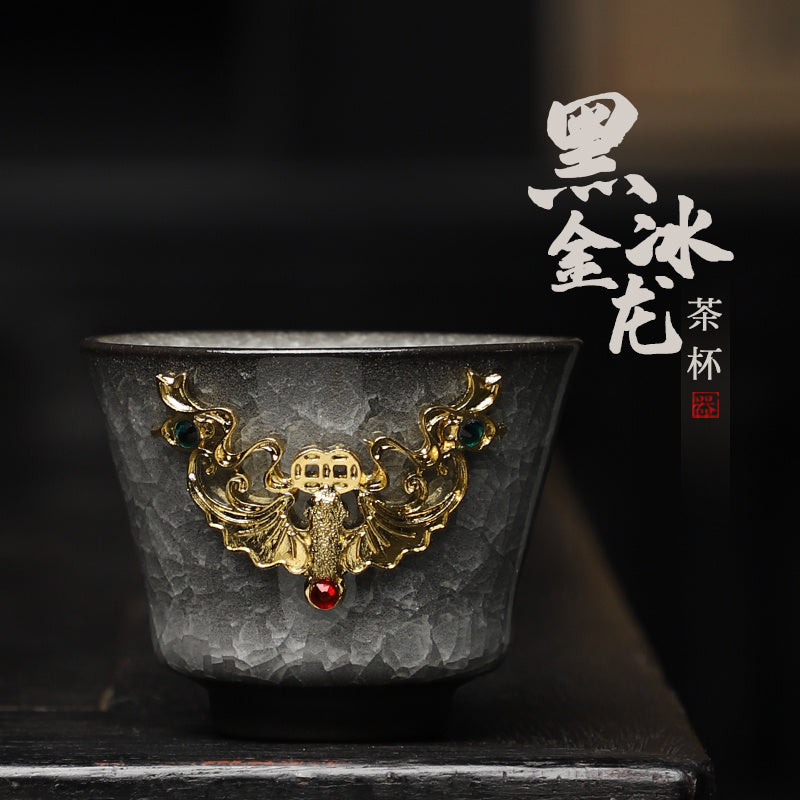 [Chinese style] Black ice flower gold inlaid jade tea cup home reception tea cup ceramic Kung Fu tea set single high-end tea cup host cup