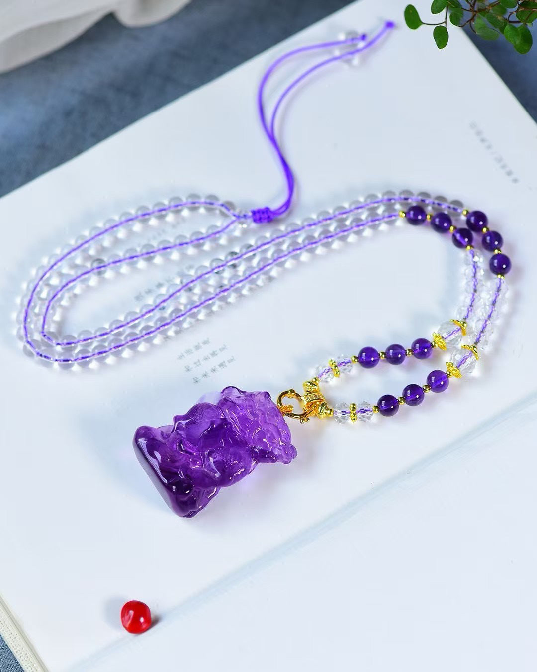 Three-dimensional carved natural Brazilian amethyst unicorn pendant necklace, sweater chain gift jewelry for men and women