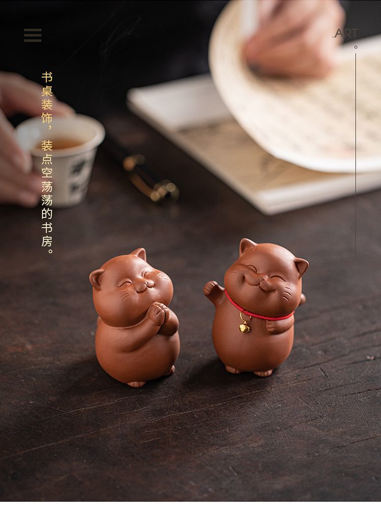 Yuxuan purple sand tea pet cute cat ornaments bell lucky cat creative tea play tea art home desktop ornaments