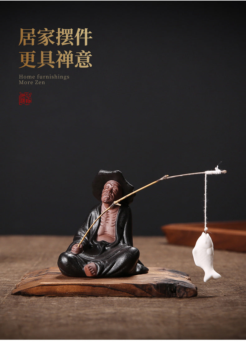 Zen purple sand creative figure Jiang Taigong fishing ornaments home living room aromatherapy burner incense holder tea pet decorations