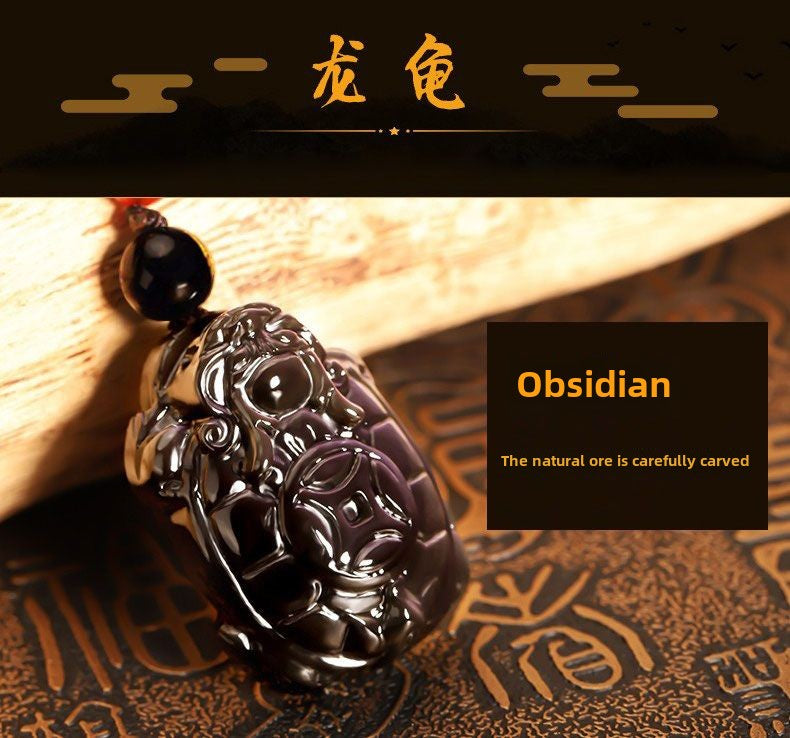 Natural ice color eye obsidian copper coin dragon turtle creative pendant male and female couple gift necklace