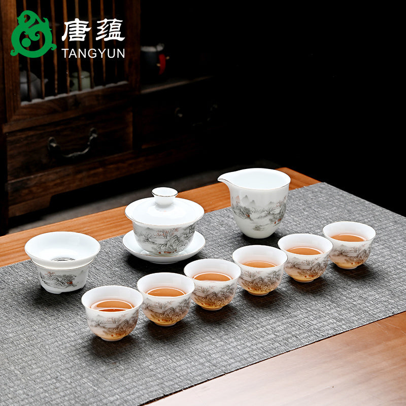 Ice-type mutton-fat jade white porcelain Kung Fu tea set home office reception ceramic covered bowl tea cup high-end gift box