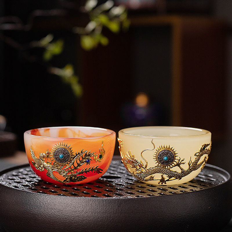 New hand-made silver-inlaid glazed jade white dragon and phoenix host tea cup single creative tea cup jade porcelain tea cup