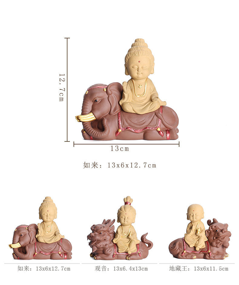 The Three Holy Ones of the West, Guanyin, Tathagata, Ksitigarbha, purple sand Buddha statues, tea pets, Chinese Zen ornaments