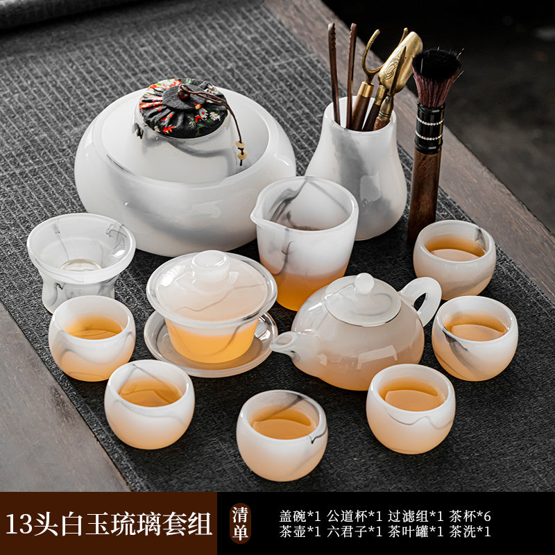 Mutton Fat Jade Porcelain Glass Kung Fu Tea Set 2025 New Light Luxury High-end Home Boutique High-end Tea Cup Set