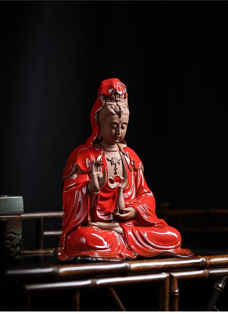 Living room handmade home tea ceremony incense Guanyin office ornaments new purple sand large ornaments Guanyin Bodhisattva