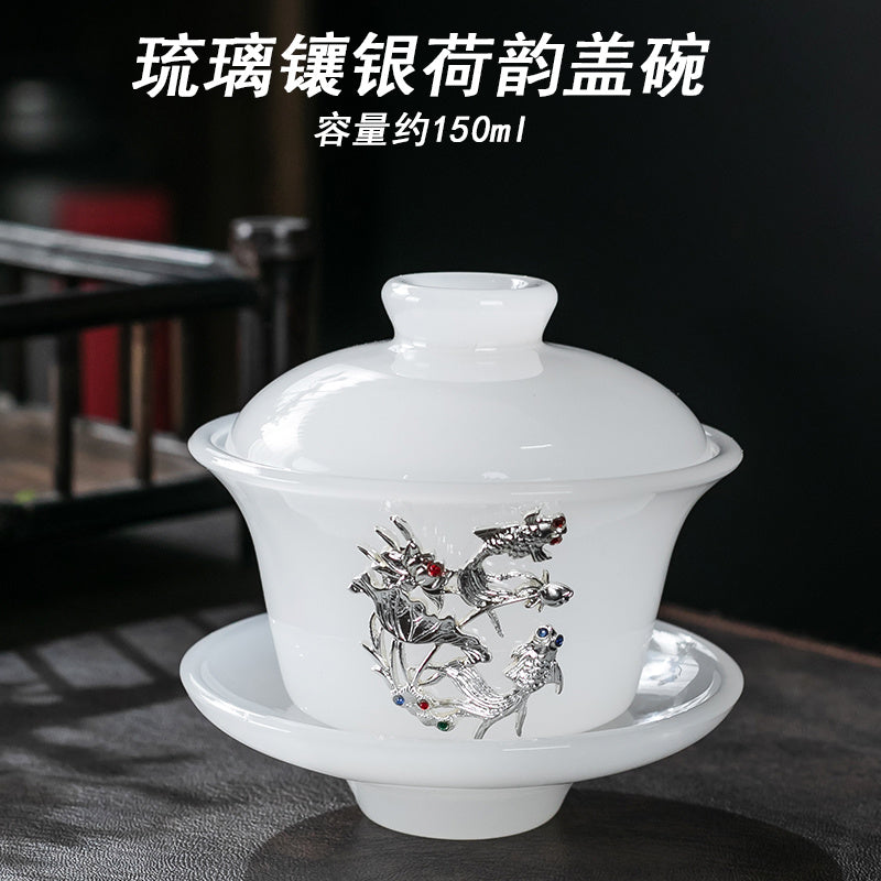 High-grade gold inlaid jade dragon and phoenix large covered bowl tea cup glazed jade tea bowl with lid tea set ancient kung fu tea bowl