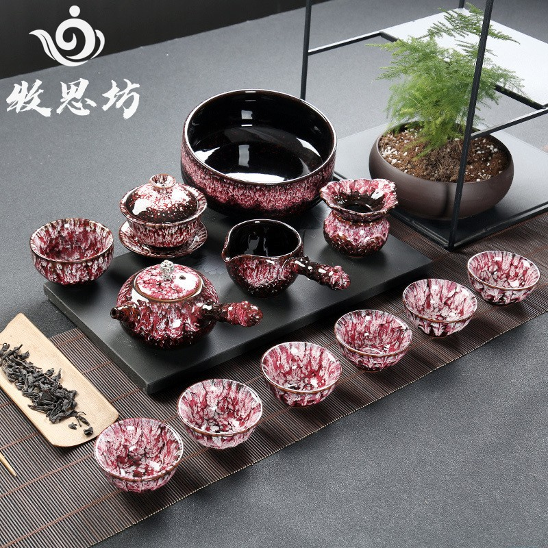 Kung Fu tea set household complete set office reception Jianzhan kiln change Jun kiln living room teapot tea cup simple