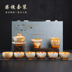 [Exquisite craftsmanship] Antique wood-fired Kung Fu tea set home office hand-painted tea cups and lids ceramic gift box high-end