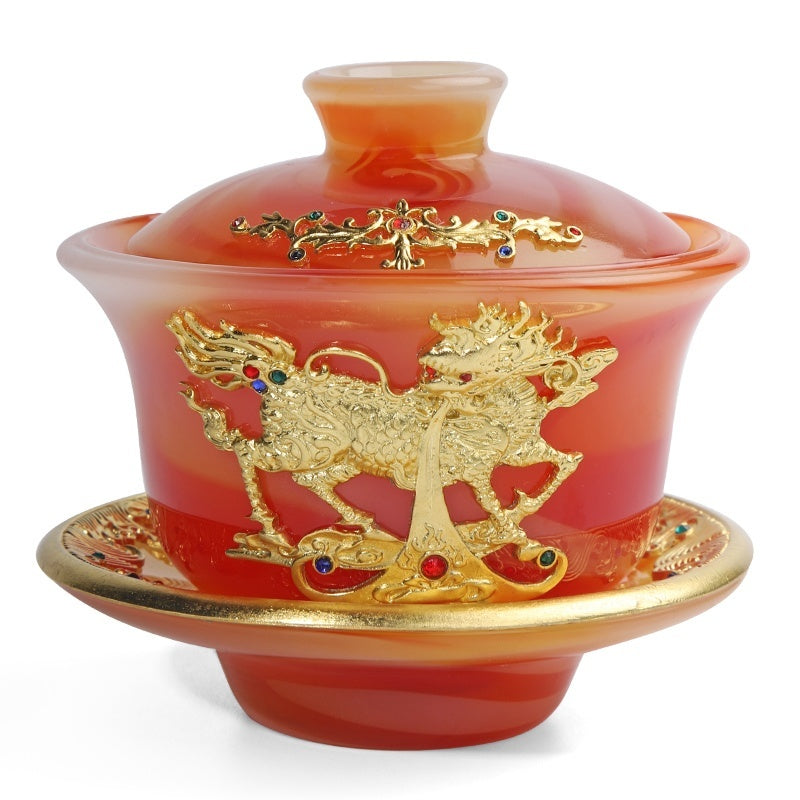 High-grade gold inlaid jade dragon and phoenix large covered bowl tea cup glazed jade tea bowl with lid tea set ancient kung fu tea bowl