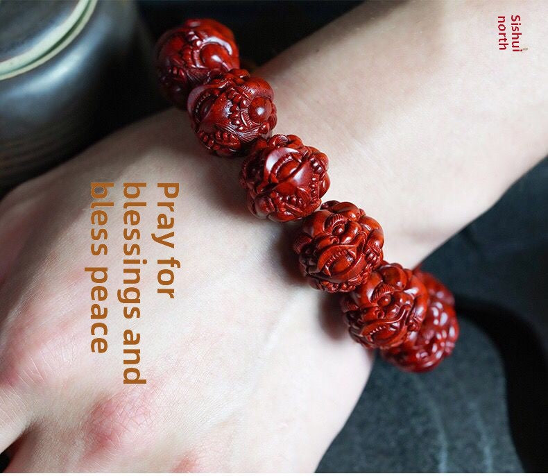 Authentic small-leaf red sandalwood bracelet, lucky Pixiu carved cliff cypress sandalwood rosewood bracelet, men's play bracelet