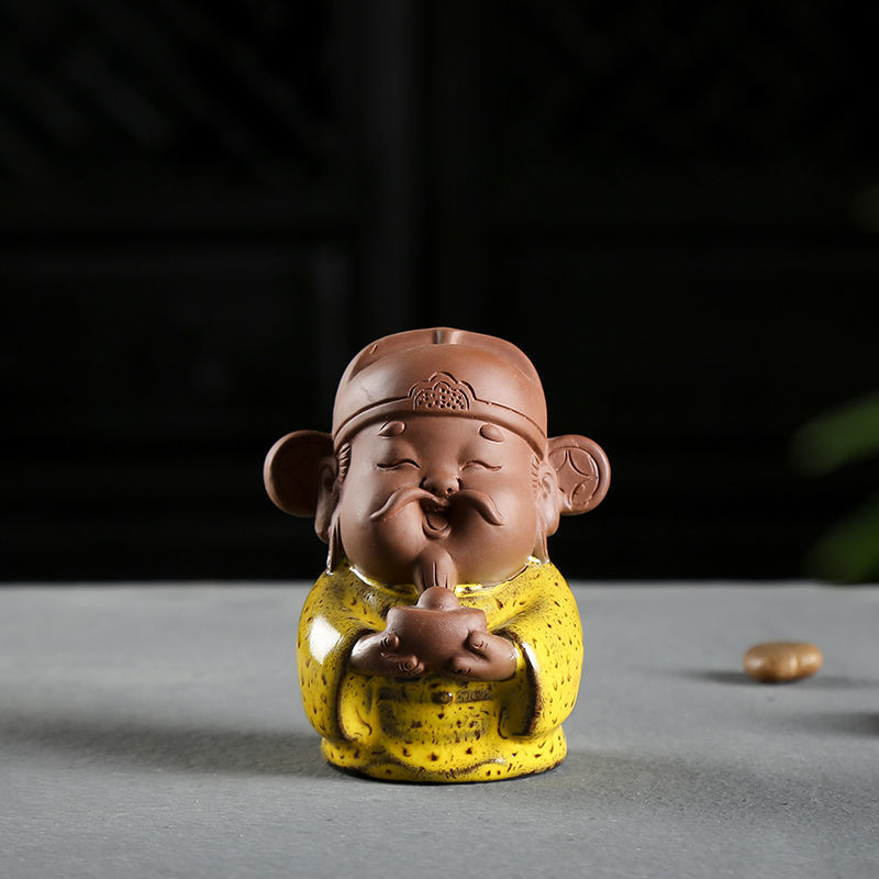 Fine ceramic ornaments Fu Lu Shou God of Wealth ornaments hand-made sculpture tea toy small Buddha statue purple sand tea ceremony tea pet can be raised