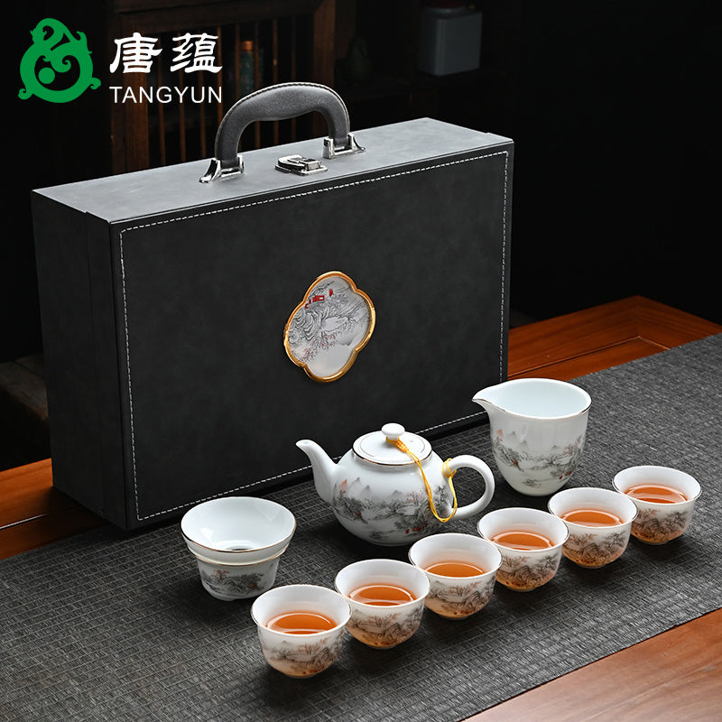 Ice-type mutton-fat jade white porcelain Kung Fu tea set home office reception ceramic covered bowl tea cup high-end gift box