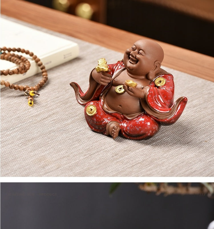 New Chinese Zen ceramic Maitreya Buddha ornaments living room porch desk Buddha statue decoration tea room desktop tea pet