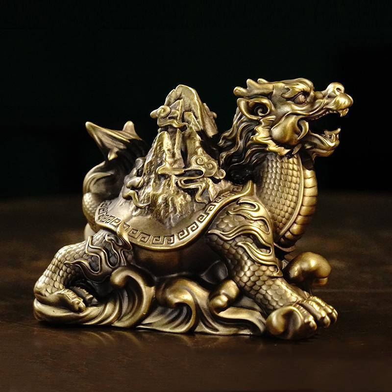 Brass dragon turtle carrying mountain ornaments exquisite hand-held pieces Xuanwu Baxia tea pet home office desk decoration gifts