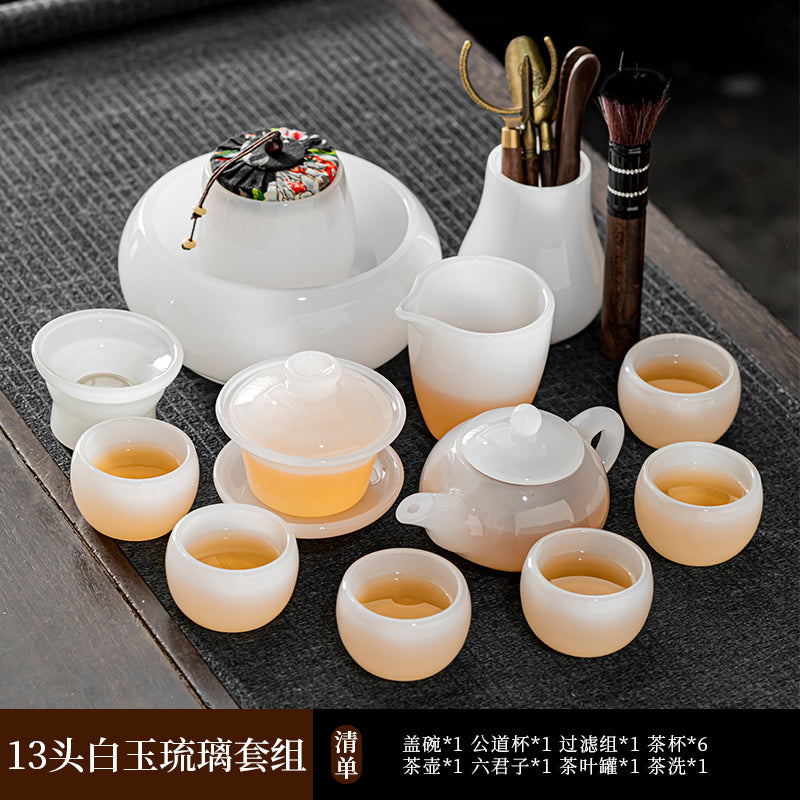 Mutton Fat Jade Porcelain Glass Kung Fu Tea Set 2025 New Light Luxury High-end Home Boutique High-end Tea Cup Set