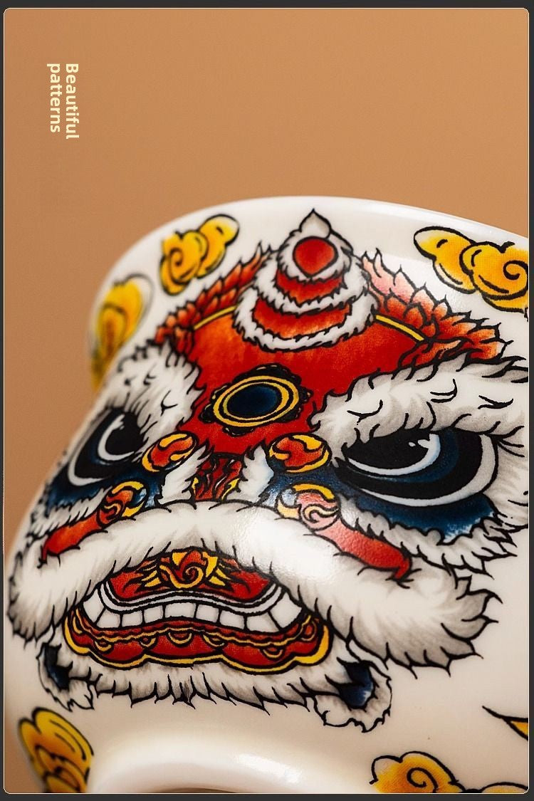 Retro new style hovering awakening lion time to turn luck Kung Fu tea set Sancai covered bowl creative ceramic tea bowl tea brewing covered bowl