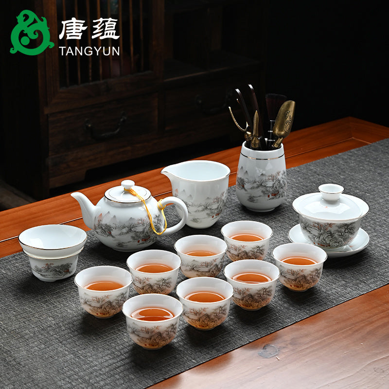 Ice-type mutton-fat jade white porcelain Kung Fu tea set home office reception ceramic covered bowl tea cup high-end gift box