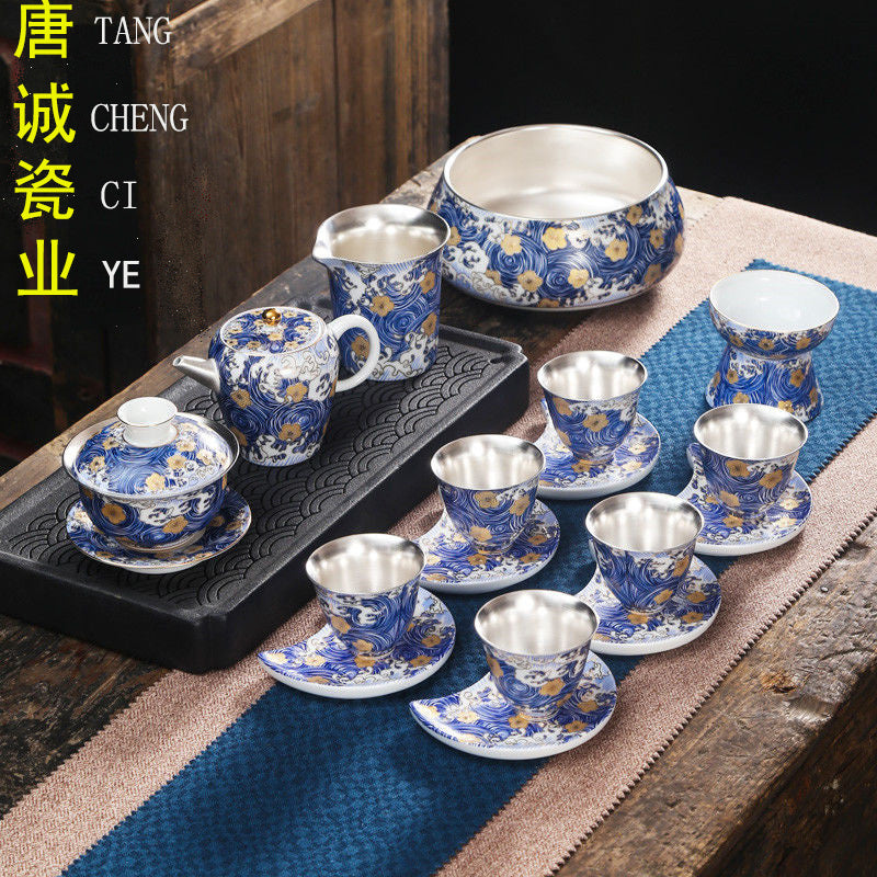 [Kaolin material] Enamel handmade ceramic silver-plated tea set 999 silver automatic tea set Kung Fu teacup tea brewing household teapot