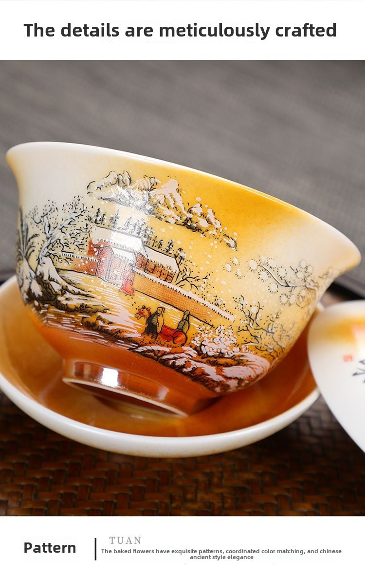 [Exquisite craftsmanship] Antique wood-fired Kung Fu tea set home office hand-painted tea cups and lids ceramic gift box high-end