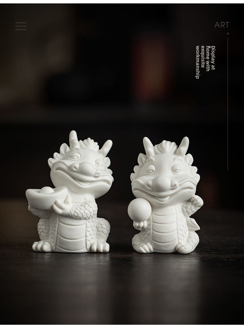 Creative white porcelain cute zodiac dragon tea pet ornaments lucky dragon tea ceremony tea play tea table decoration mascot gift