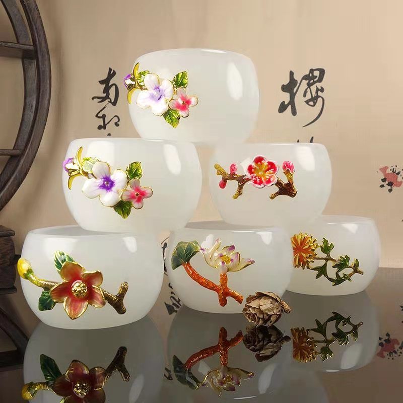 Xinjiang white jade flower blossoms with wealth and integrity, gold inlaid jade high-end home gift tea set Kung Fu jade cup!