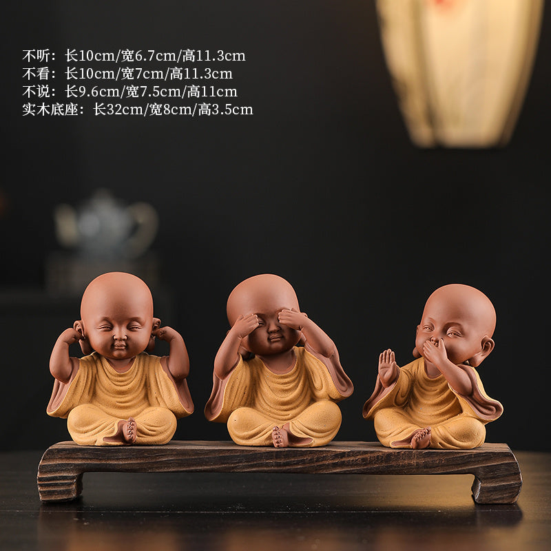 Chinese Zen Three Little Monks Cute Characters Ceramic Home Furnishings Office Desktop Zen Tea Pet Furnishings