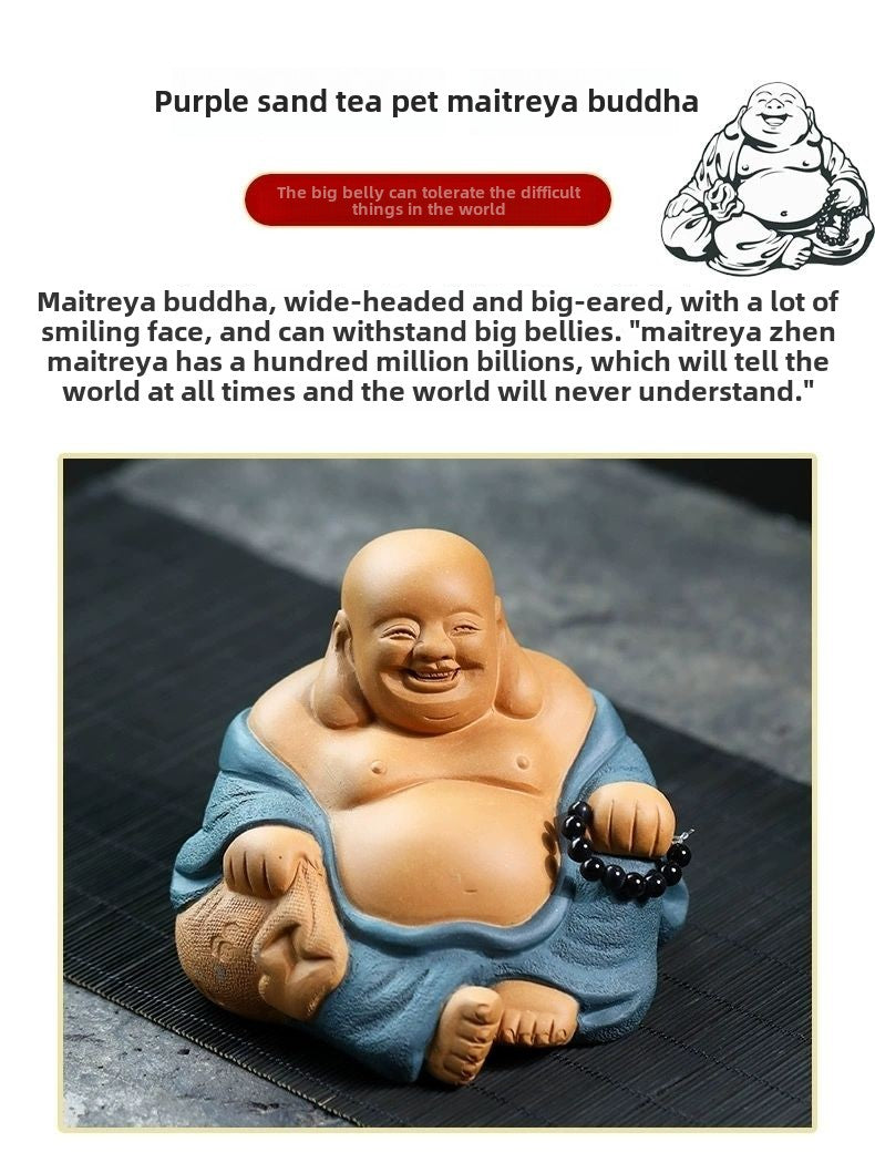 Large boutique Maitreya Buddha Yixing purple sand tea pet small Buddha ornaments handmade powder paste tea play Kung Fu tea set little monk