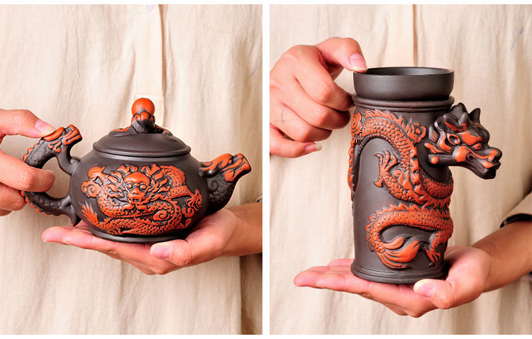 Creative Zisha Antique Tea Filter Kung Fu Automatic Tea Set Dragon Pattern Teapot Teacup Complete Set Ceramic Filter Tea Strainer