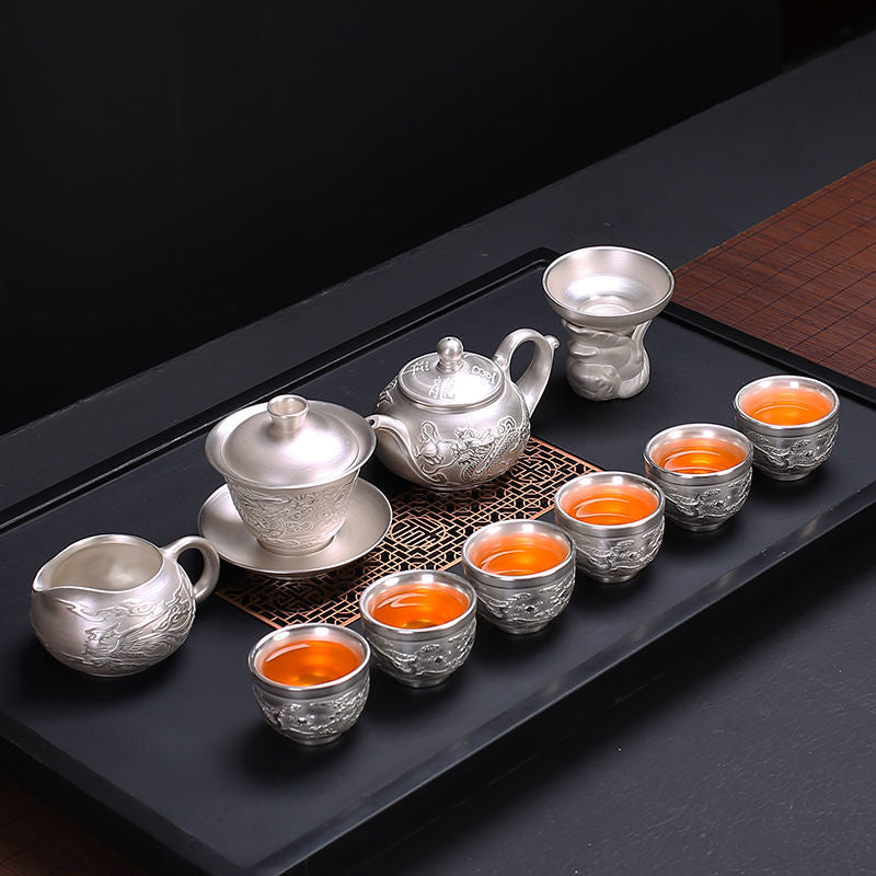 [Kaolin material] Enamel handmade ceramic silver-plated tea set 999 silver automatic tea set Kung Fu teacup tea brewing household teapot