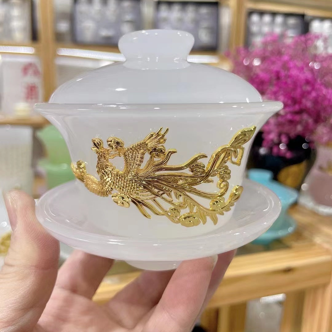 High-grade gold inlaid jade dragon and phoenix large covered bowl tea cup glazed jade tea bowl with lid tea set ancient kung fu tea bowl