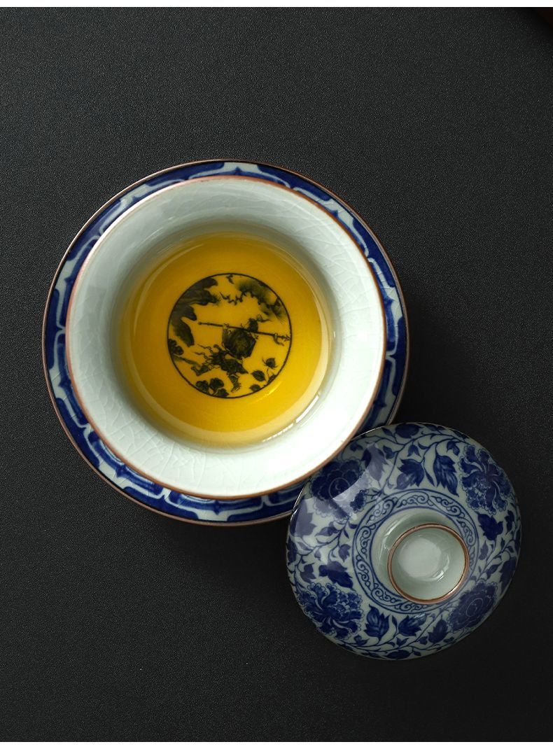 Three-piece porcelain set Ru kiln ink-colored auspicious cloud lidded bowl with cracks, can be used to raise a tea cup, anti-scalding Kung Fu tea set, tea brewing cup