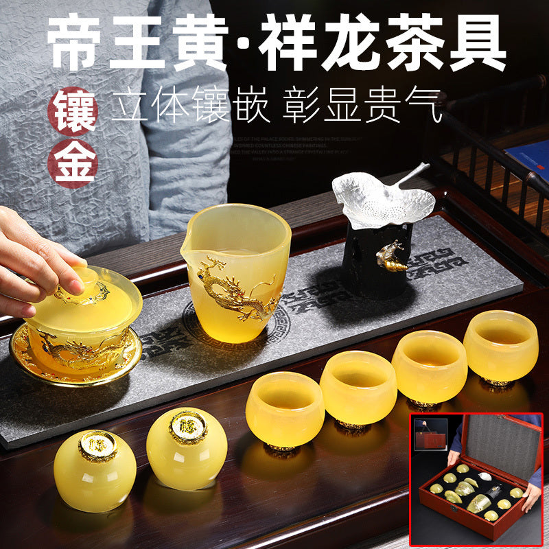 Qimeiyoupin gilded glazed bowl Kung Fu tea set office home agate jade tea cup gift box