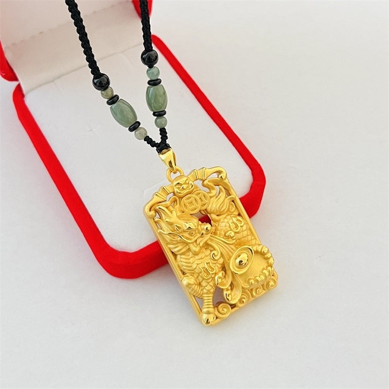 Gold inlaid jade lucky unicorn pendant safe boy with jade pendant for boyfriend gift 18k palace style