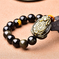 Gold Obsidian Dragon Turtle Bracelet Men's Obsidian Zodiac Buddha Beads Bracelet Transfer National Style Beaded Hand Jewelry Can Be Played