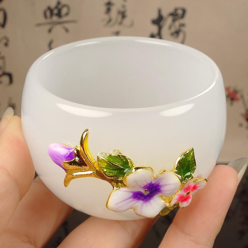 Xinjiang white jade flower blossoms with wealth and integrity, gold inlaid jade high-end home gift tea set Kung Fu jade cup!