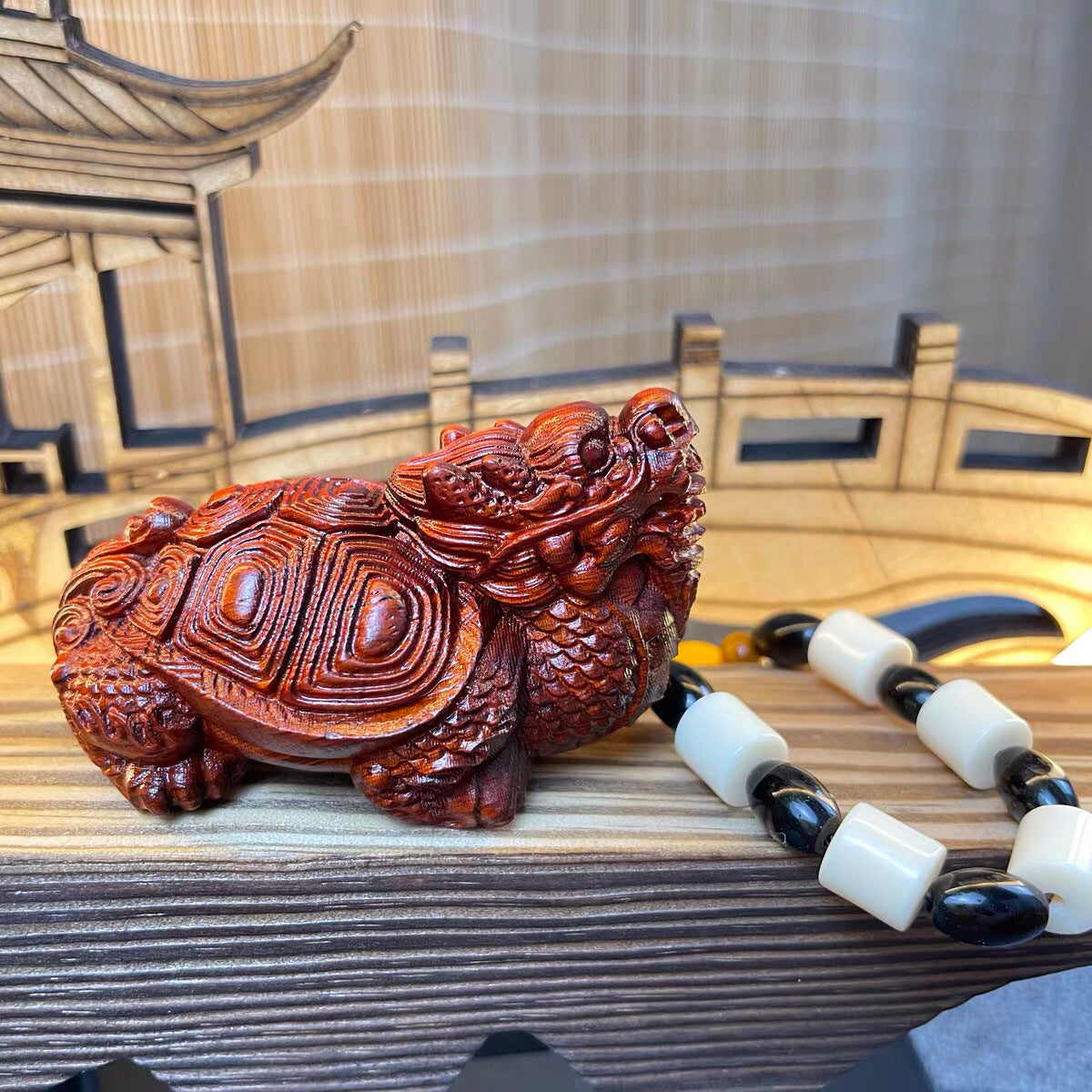 Rosewood dragon turtle hand play fine wood carving fortune auspicious beast carved dragon turtle tea pet car ornaments