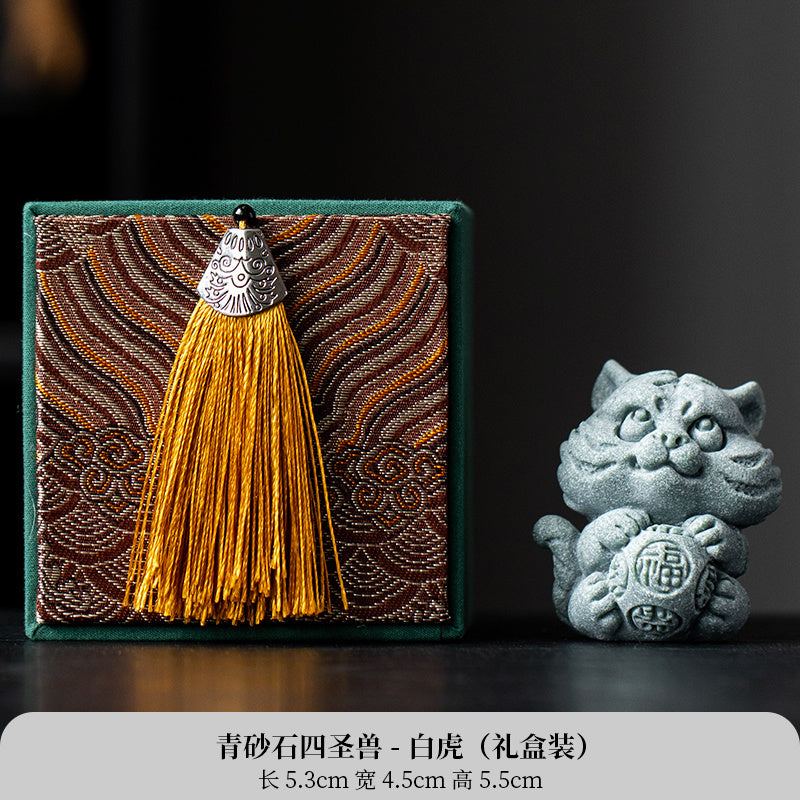 New Chinese style cute healing system fortune-attracting four beasts mascots blue sandstone tea pet ornaments Qinglong desktop decoration