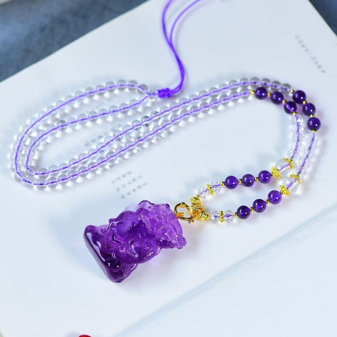 Three-dimensional carved natural Brazilian amethyst unicorn pendant necklace, sweater chain gift jewelry for men and women