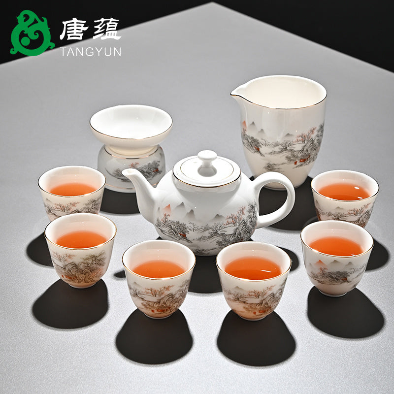 Ice-type mutton-fat jade white porcelain Kung Fu tea set home office reception ceramic covered bowl tea cup high-end gift box