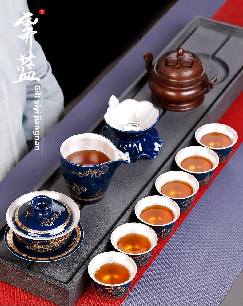 [Kaolin material] Enamel handmade ceramic silver-plated tea set 999 silver automatic tea set Kung Fu teacup tea brewing household teapot