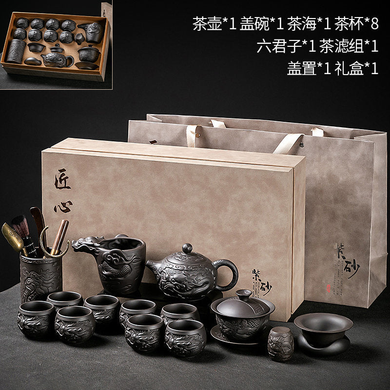 Longteng Sihai luxury purple sand tea set household tea tray office reception Kung Fu teapot covered bowl teacup