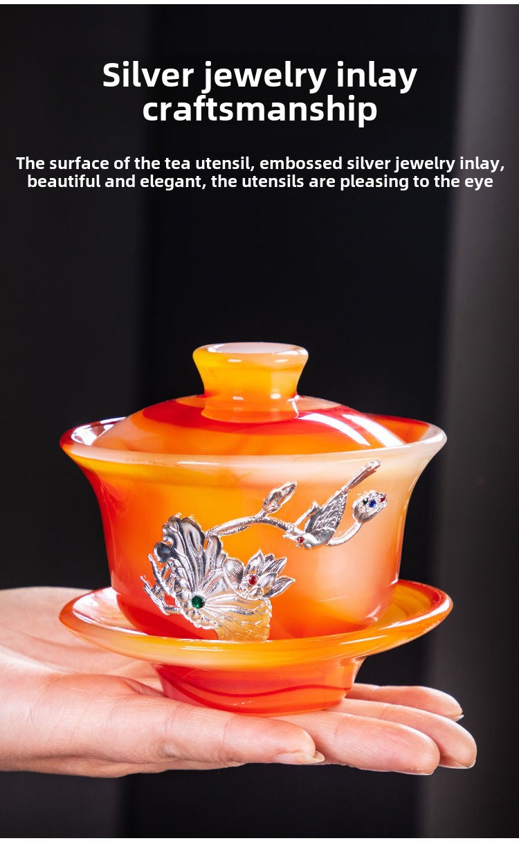 High-grade red agate jade porcelain Kung Fu tea set luxury natural glass lidded bowl tea cup office home gift